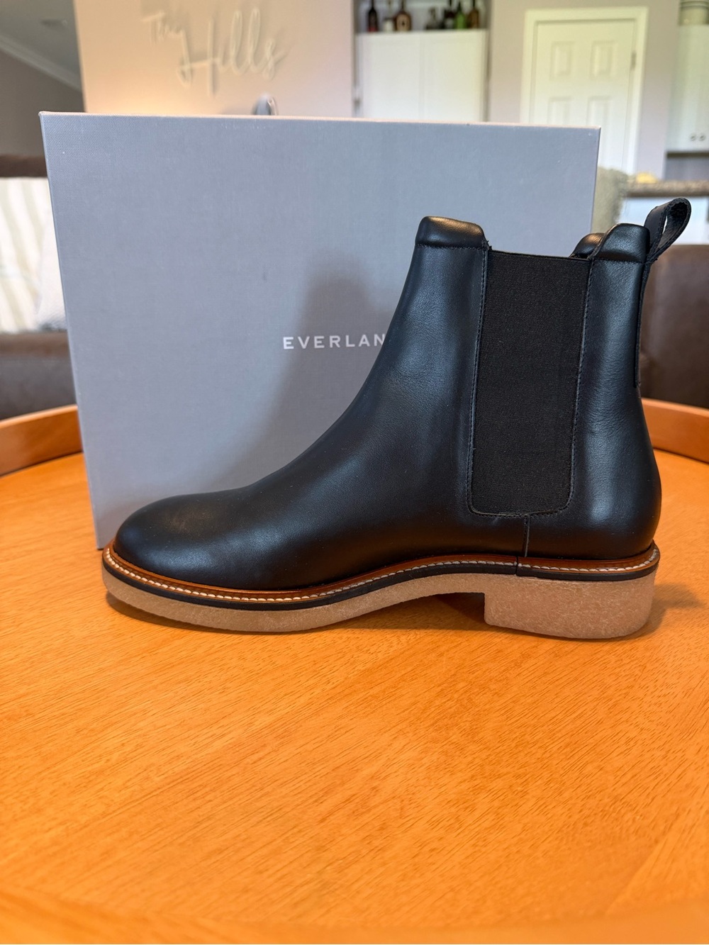Everlane Chelsea Black Leather Boot with Tan Crepe Sole